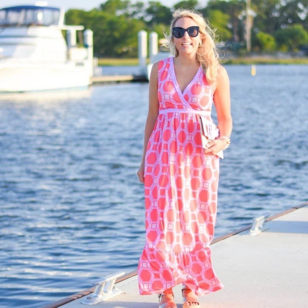 Cabana‎ Life Maxi Dress Women S Pink Geometric Stretch Resortwear Beach Tropical - Picture 6 of 8